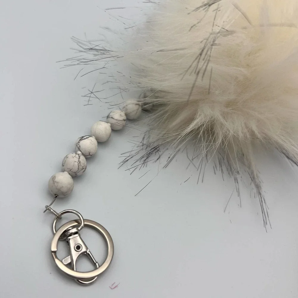 Handmade Faux Fur Pompom Keychain Bag Charm Howlite Beads White Gray Silver